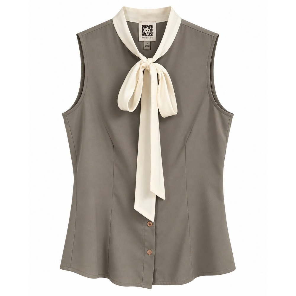 Anne Klein Blouse 4 Grey Sleeveless Bow Tie Neck Contrast Collar Office Siren